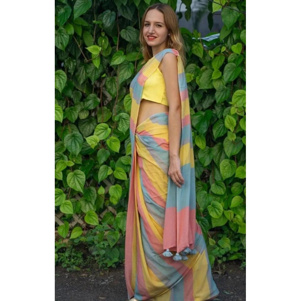 Women's Linen Printed Saree With Unstitched Blouse 5.5Mtr (Multicolor)