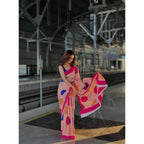 Women's Linen Printed Saree With Unstitched Blouse 5.5Mtr (Orange)