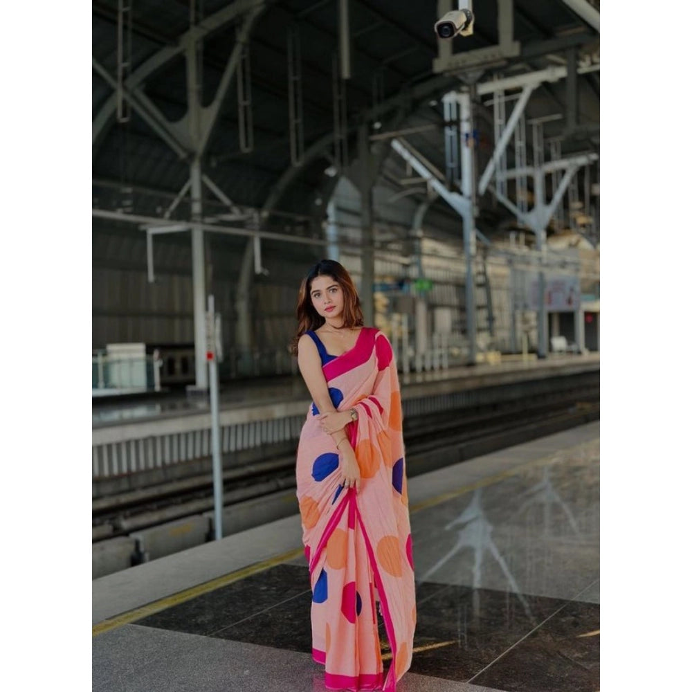 Women's Linen Printed Saree With Unstitched Blouse 5.5Mtr (Orange)