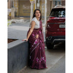 Women's Linen Printed Saree With Unstitched Blouse 5.5Mtr (Brown)
