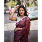 Women's Linen Printed Saree With Unstitched Blouse 5.5Mtr (Brown)