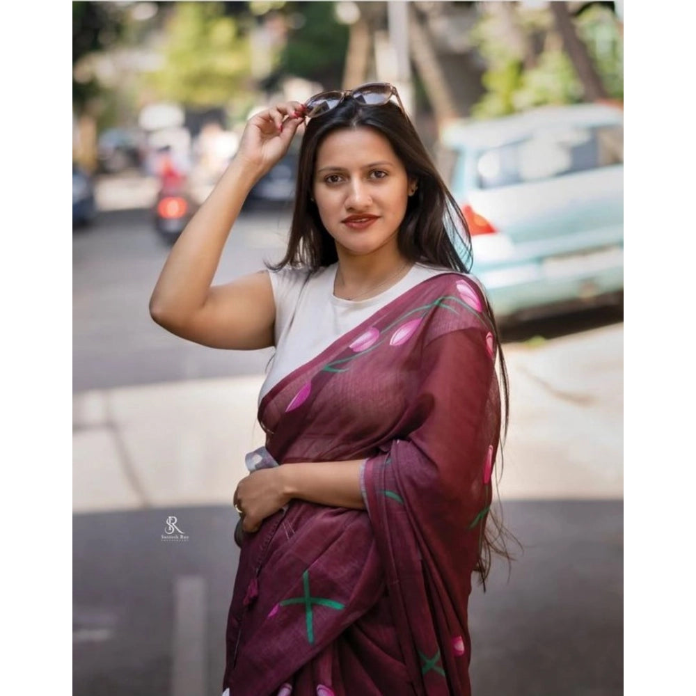 Women's Linen Printed Saree With Unstitched Blouse 5.5Mtr (Brown)