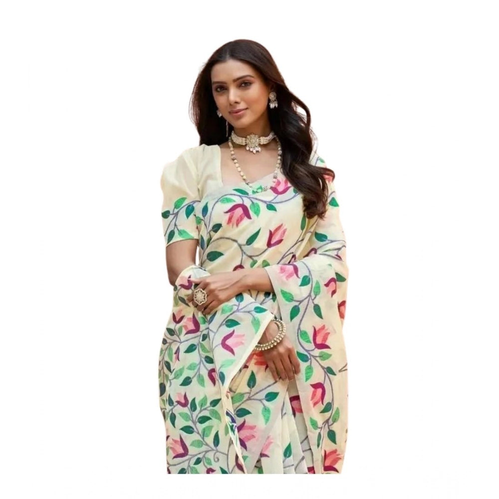 Women's Georgette Printed Saree With Unstitched Blouse 5.5Mtr (Cream)