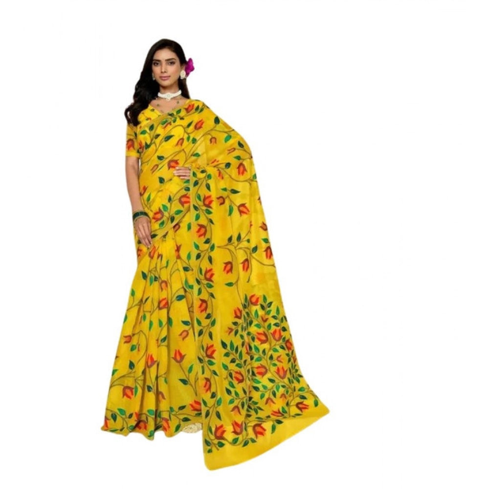 Women's Georgette Printed Saree With Unstitched Blouse 5.5Mtr (Yellow)