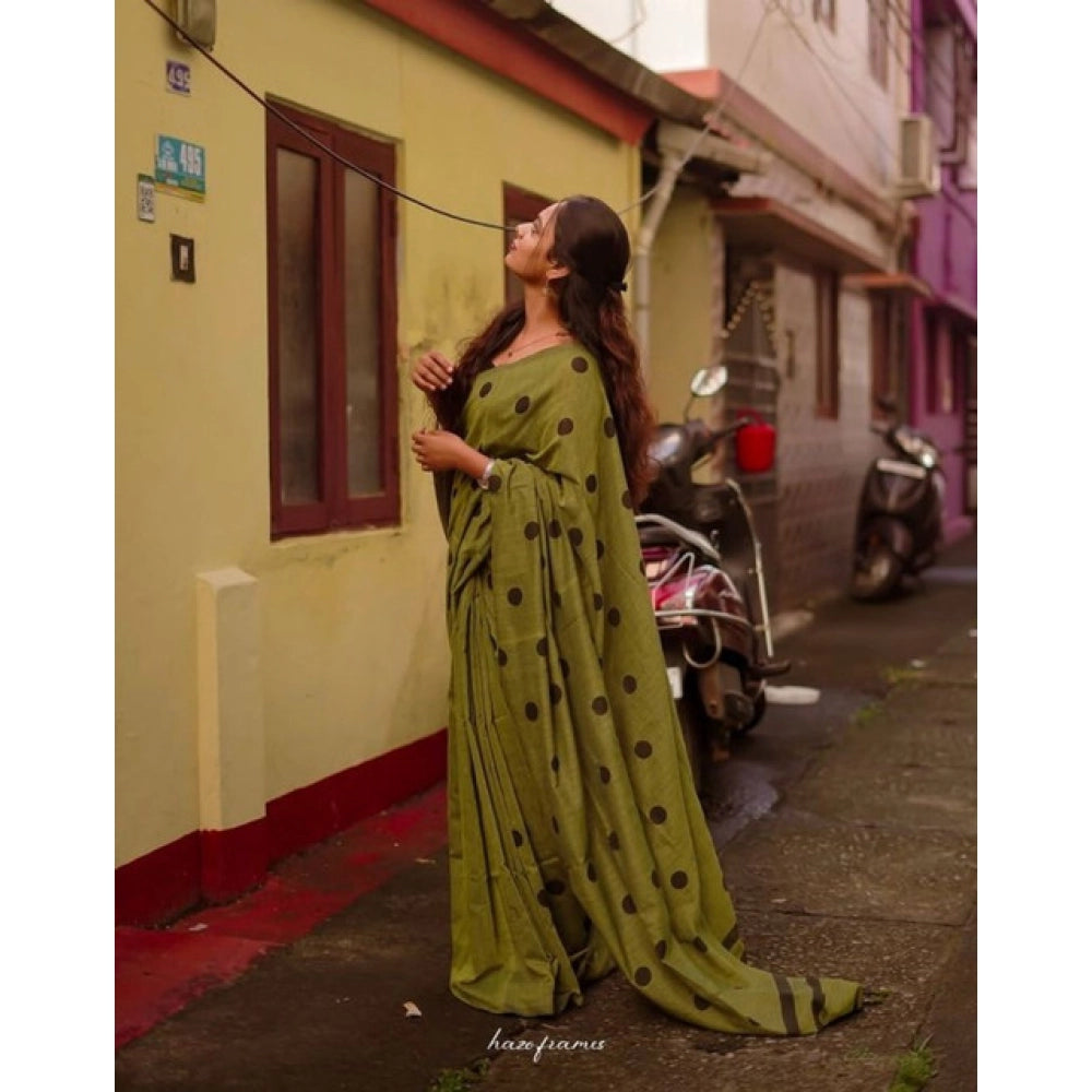 Women's Linen Printed Saree With Unstitched Blouse 5.5Mtr (Green)
