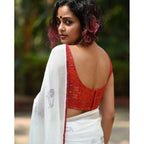 Women's Linen Printed Saree With Unstitched Blouse 5.5Mtr (White)