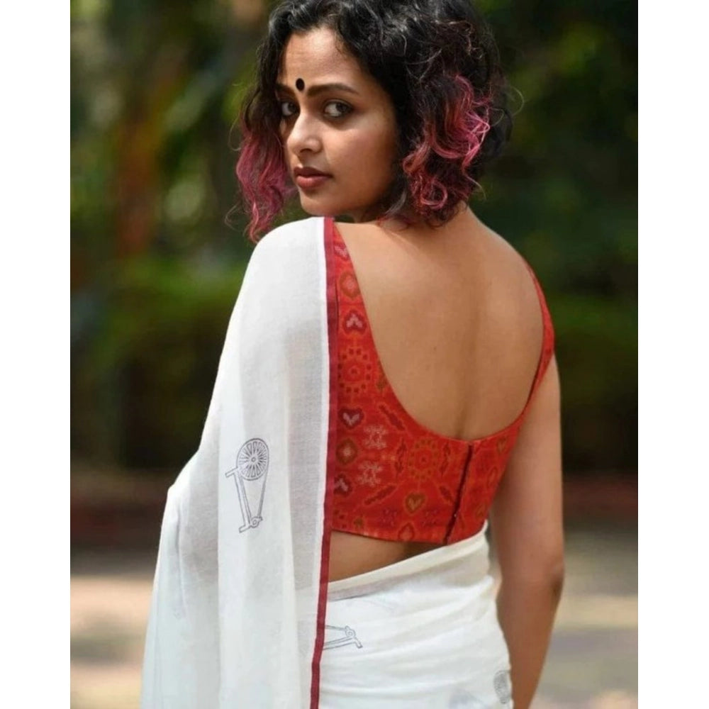 Women's Linen Printed Saree With Unstitched Blouse 5.5Mtr (White)