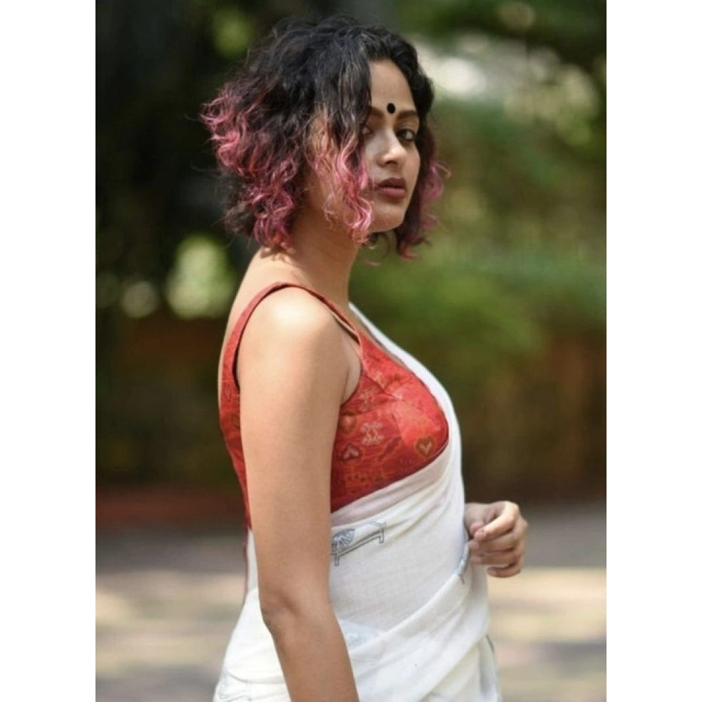 Women's Linen Printed Saree With Unstitched Blouse 5.5Mtr (White)