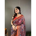 Women's Linen Printed Saree With Unstitched Blouse 5.5Mtr (Brown)