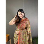 Women's Linen Printed Saree With Unstitched Blouse 5.5Mtr (Sea Green)