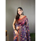 Women's Linen Printed Saree With Unstitched Blouse 5.5Mtr (Blue)