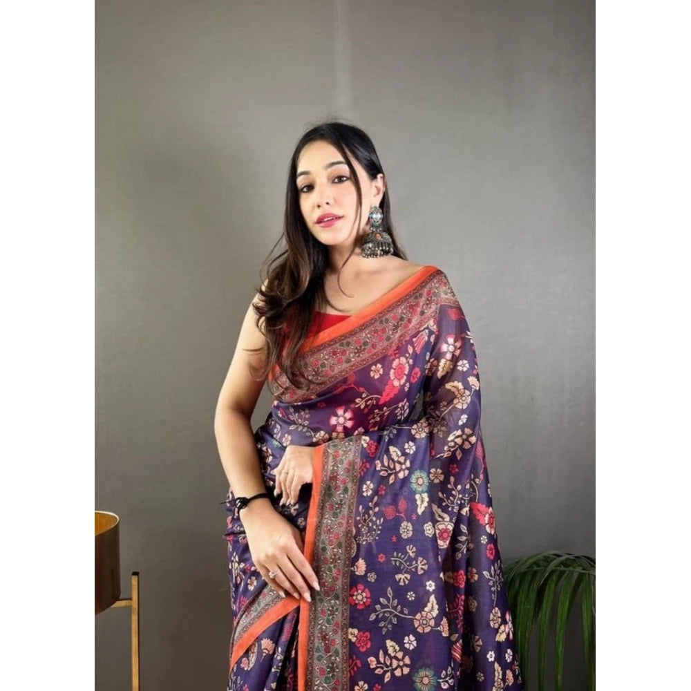 Women's Linen Printed Saree With Unstitched Blouse 5.5Mtr (Blue)