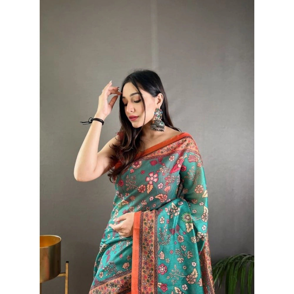 Women's Linen Printed Saree With Unstitched Blouse 5.5Mtr (Olive)