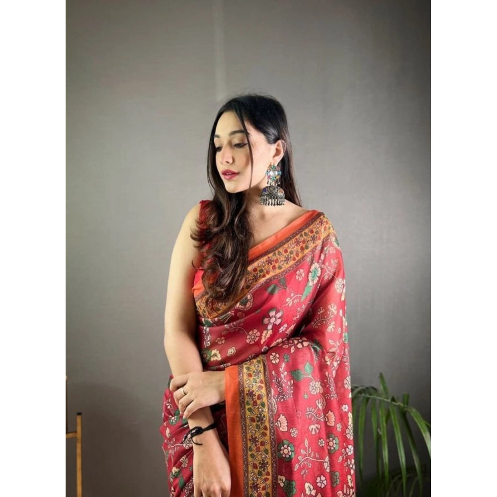 Women's Linen Printed Saree With Unstitched Blouse 5.5Mtr (Red)