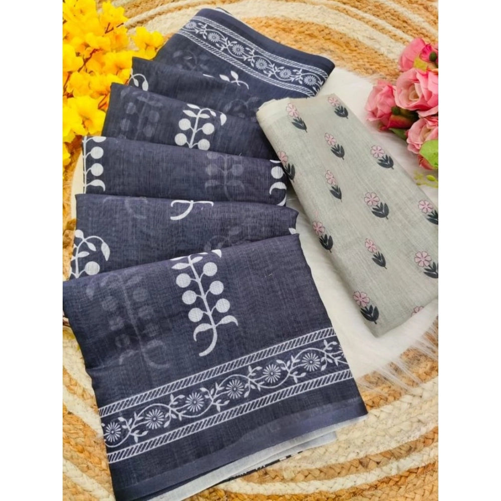 Women's Linen Printed Saree With Unstitched Blouse 5.5Mtr (Grey)