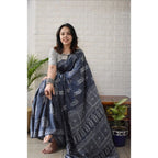 Women's Linen Printed Saree With Unstitched Blouse 5.5Mtr (Grey)