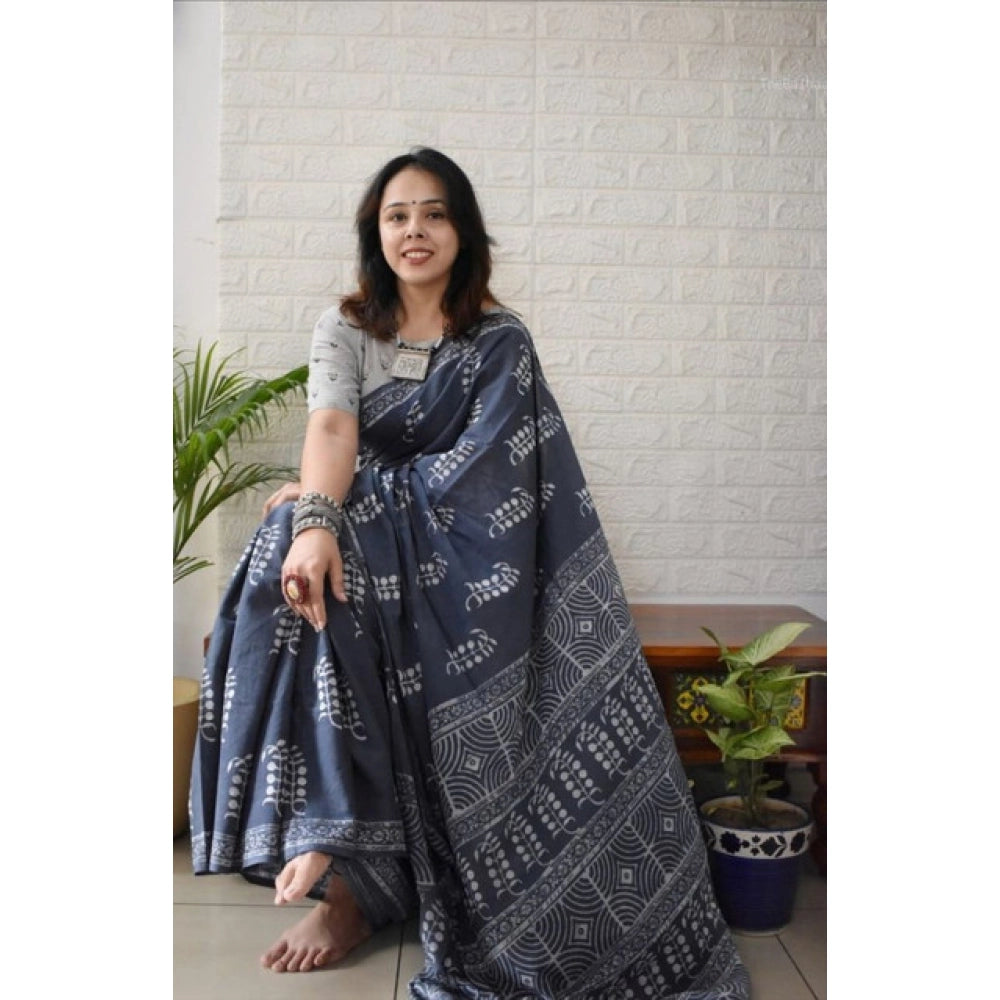 Women's Linen Printed Saree With Unstitched Blouse 5.5Mtr (Grey)