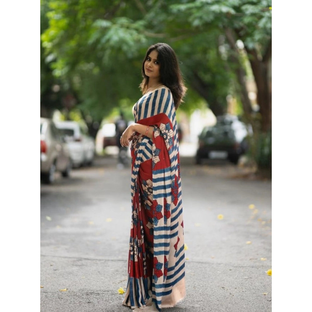 Women's Linen Printed Saree With Unstitched Blouse 5.5Mtr (Red)