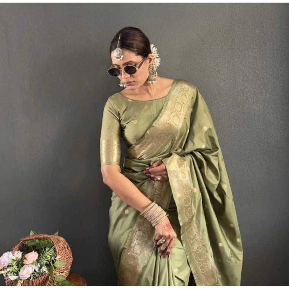 Women's Satin Printed Saree With Unstitched Blouse 5.5Mtr (Green)