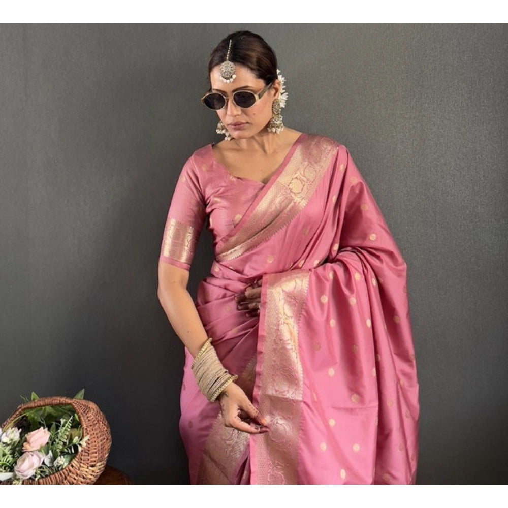Women's Satin Printed Saree With Unstitched Blouse 5.5Mtr (Pink)