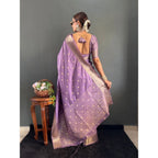 Women's Satin Printed Saree With Unstitched Blouse 5.5Mtr (Purple)