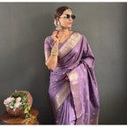Women's Satin Printed Saree With Unstitched Blouse 5.5Mtr (Purple)
