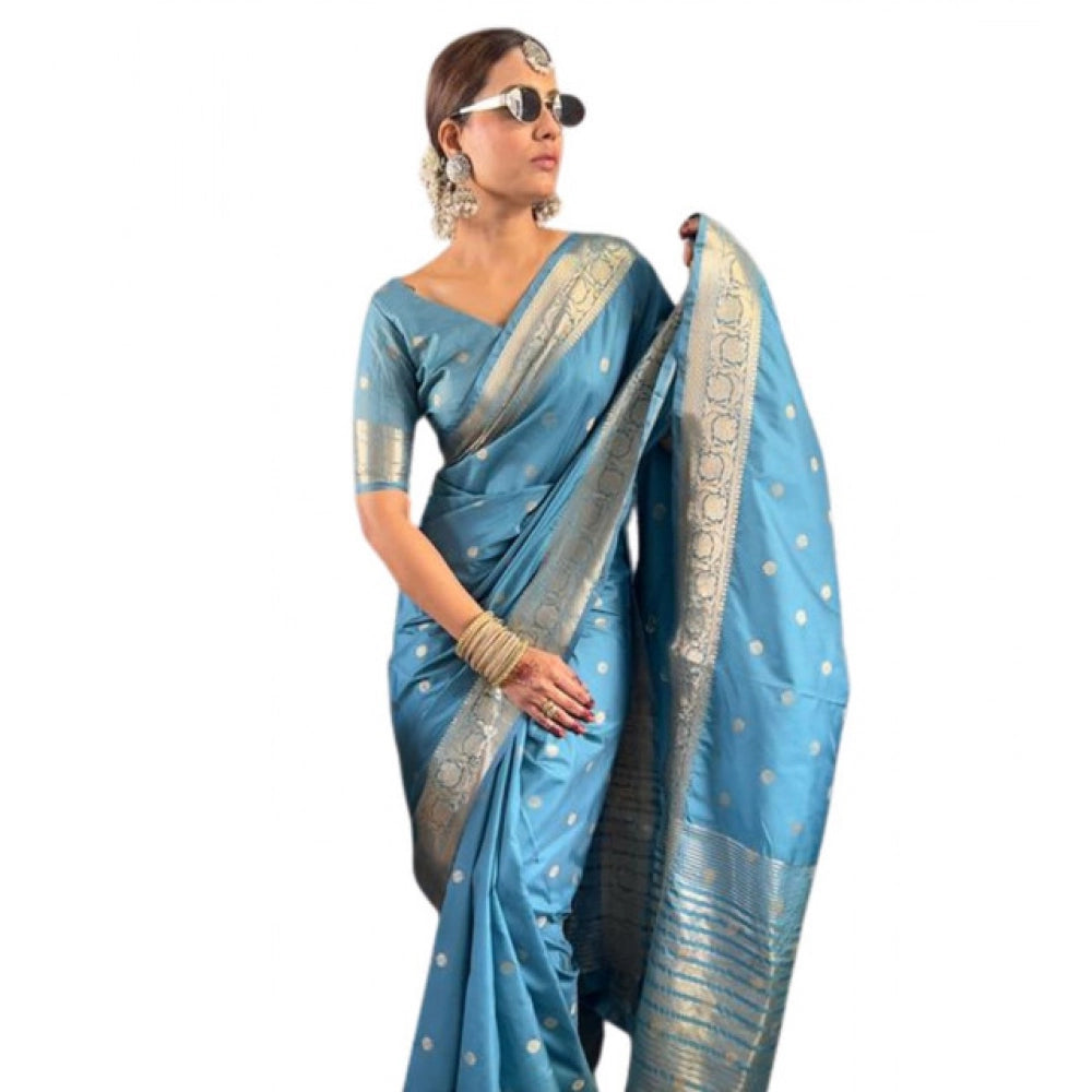 Women's Satin Printed Saree With Unstitched Blouse 5.5Mtr (light Blue)