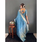 Women's Satin Printed Saree With Unstitched Blouse 5.5Mtr (light Blue)