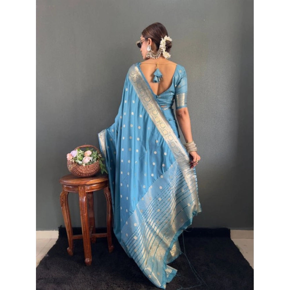 Women's Satin Printed Saree With Unstitched Blouse 5.5Mtr (light Blue)