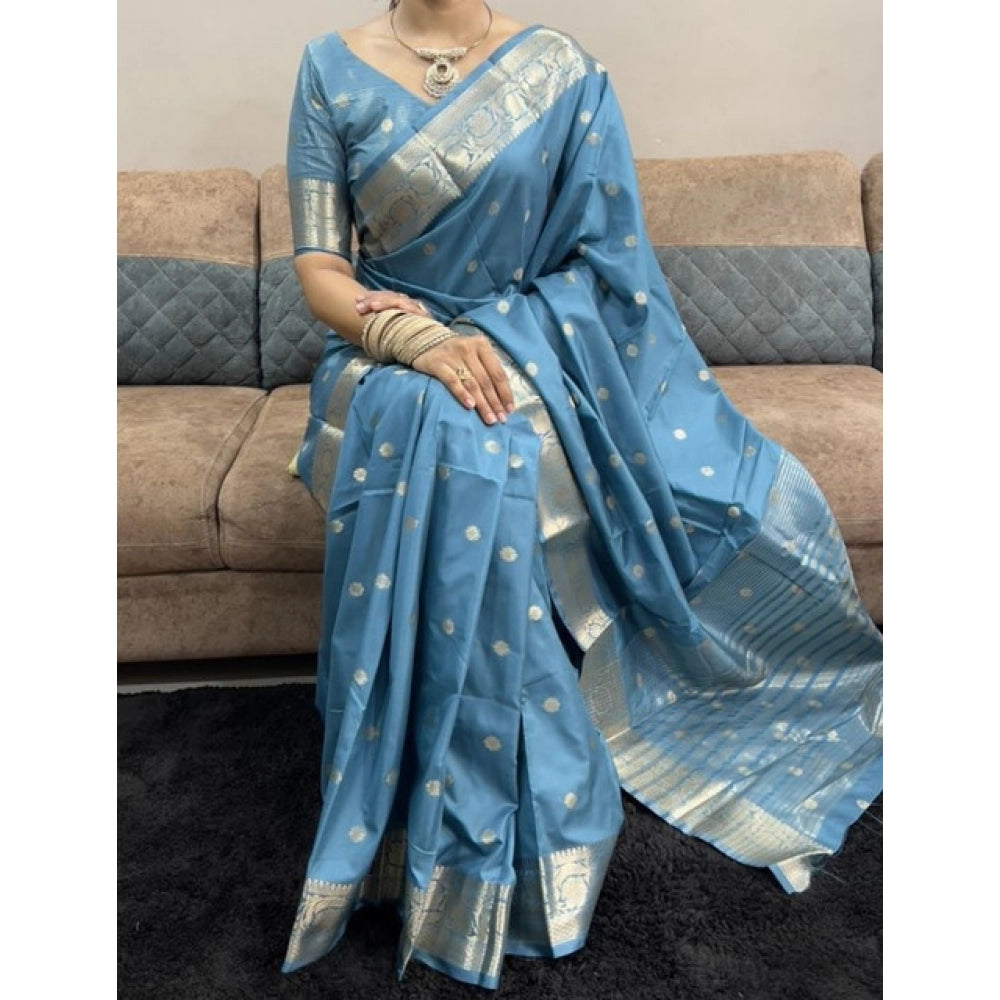 Women's Satin Printed Saree With Unstitched Blouse 5.5Mtr (light Blue)