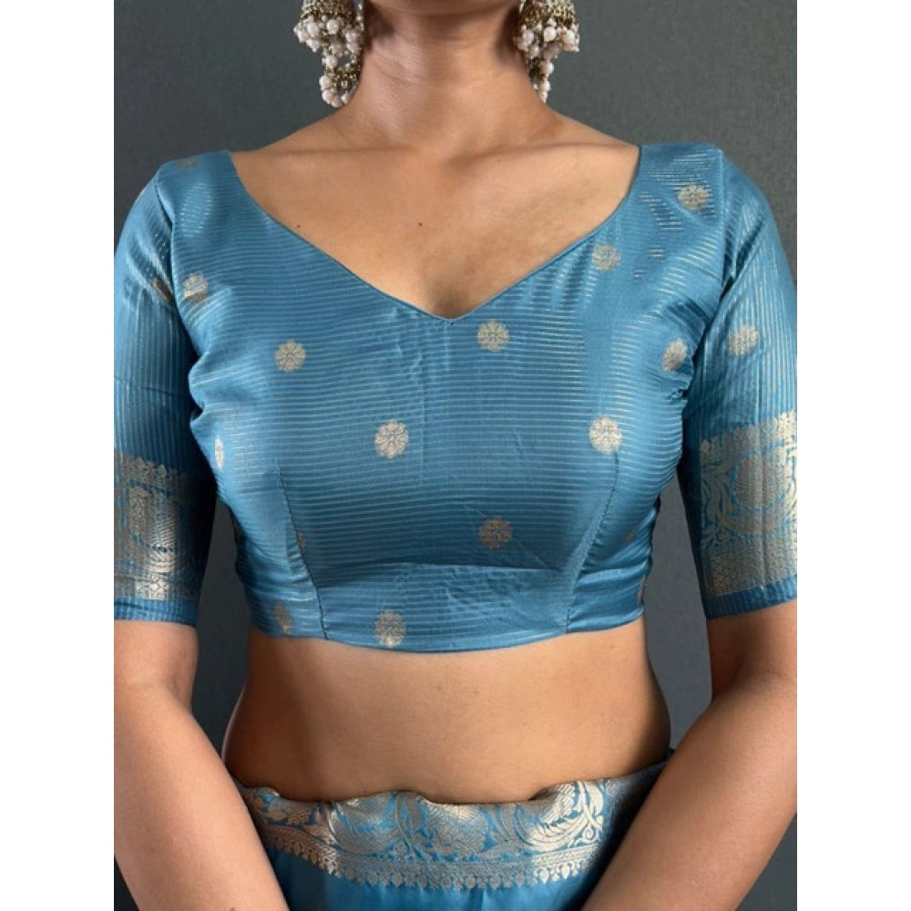 Women's Satin Printed Saree With Unstitched Blouse 5.5Mtr (light Blue)