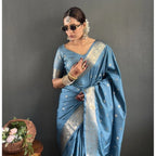 Women's Satin Printed Saree With Unstitched Blouse 5.5Mtr (light Blue)