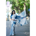 Women's Linen Printed Saree With Unstitched Blouse 5.5Mtr (White)