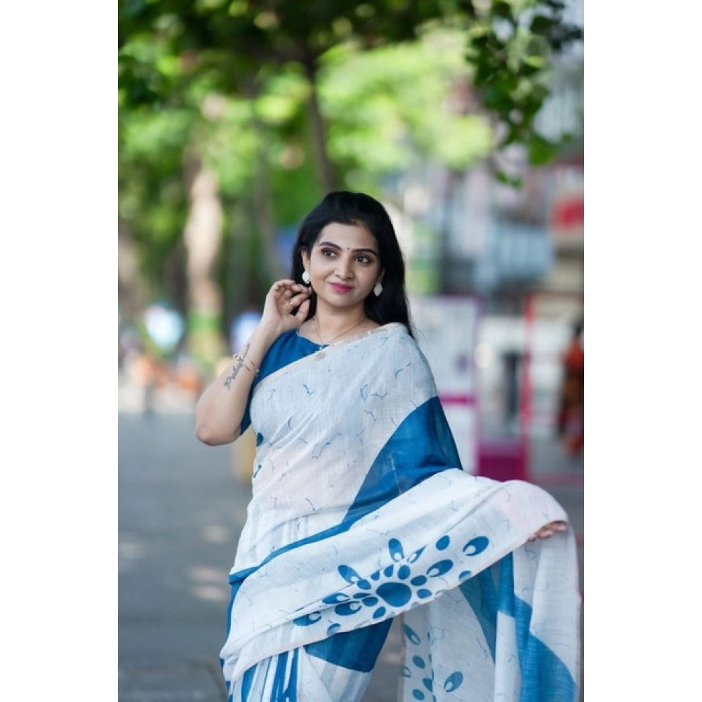 Women's Linen Printed Saree With Unstitched Blouse 5.5Mtr (White)