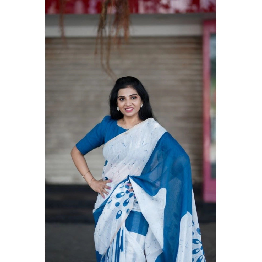 Women's Linen Printed Saree With Unstitched Blouse 5.5Mtr (White)