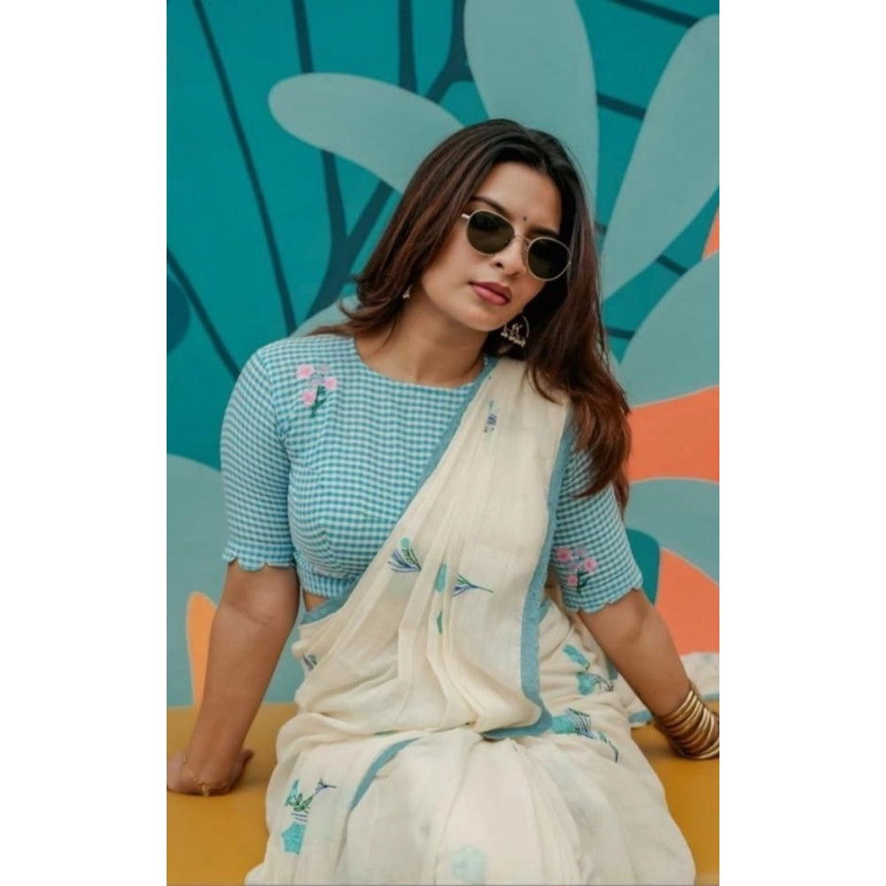 Women's Linen Printed Saree With Unstitched Blouse 5.5Mtr (White)