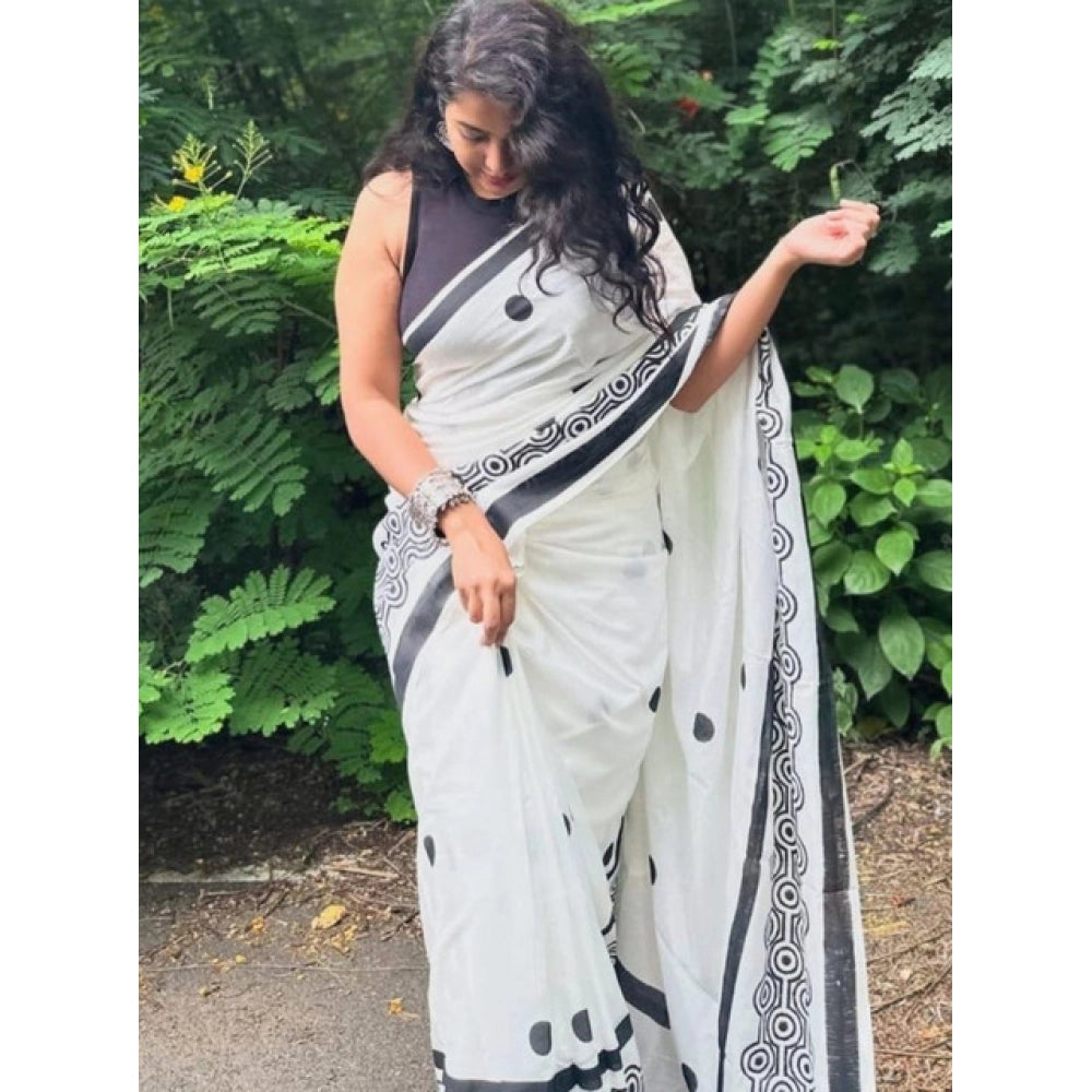 Women's Linen Printed Saree With Unstitched Blouse 5.5Mtr (White)