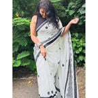 Women's Linen Printed Saree With Unstitched Blouse 5.5Mtr (White)