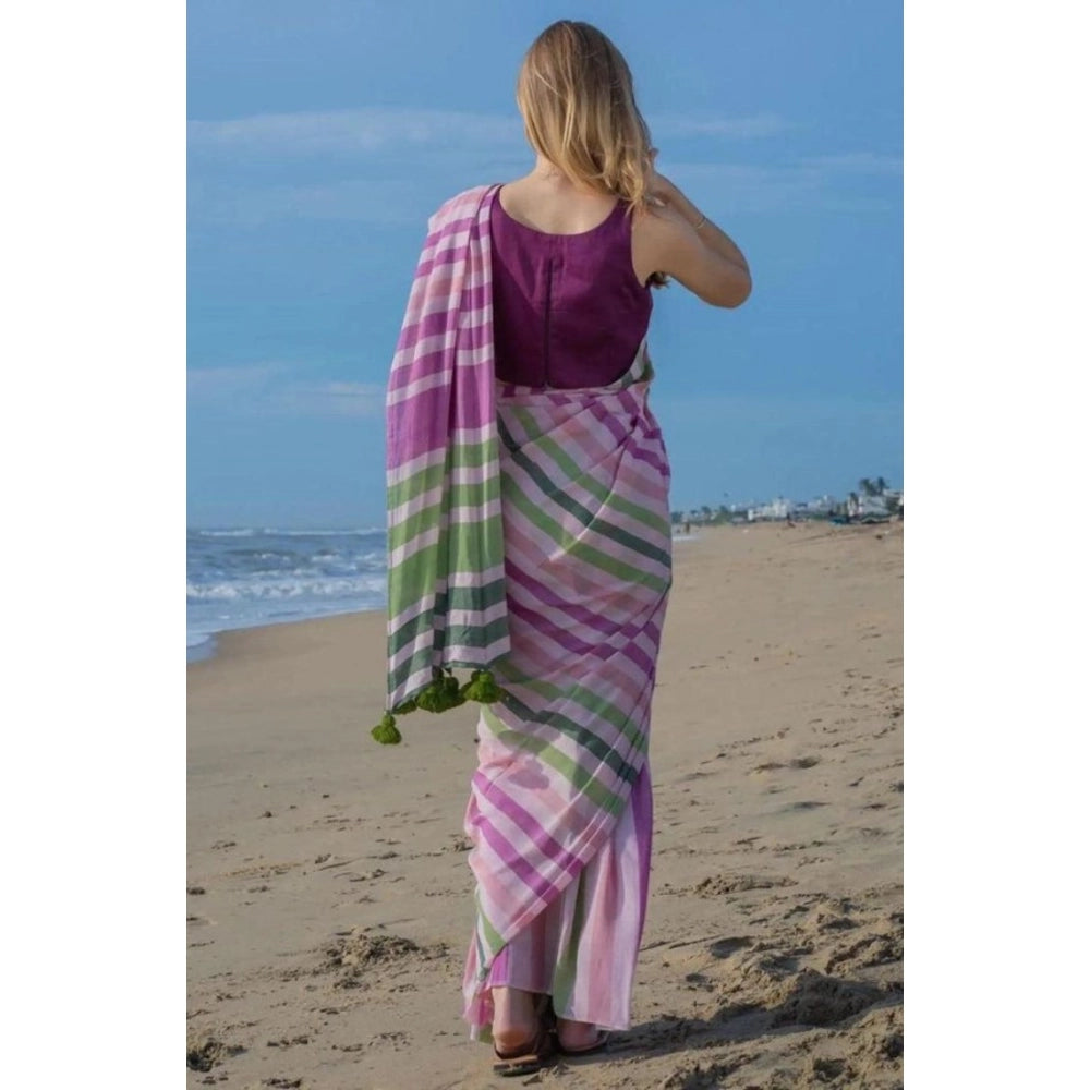 Women's Linen Printed Saree With Unstitched Blouse 5.5Mtr (Pink)