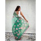 Women's Linen Printed Saree With Unstitched Blouse 5.5Mtr (Green)
