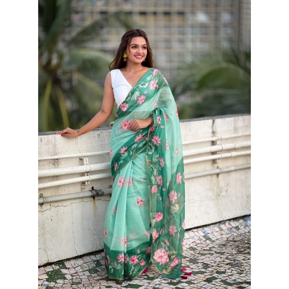 Women's Linen Printed Saree With Unstitched Blouse 5.5Mtr (Green)