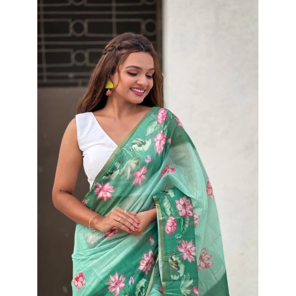 Women's Linen Printed Saree With Unstitched Blouse 5.5Mtr (Green)