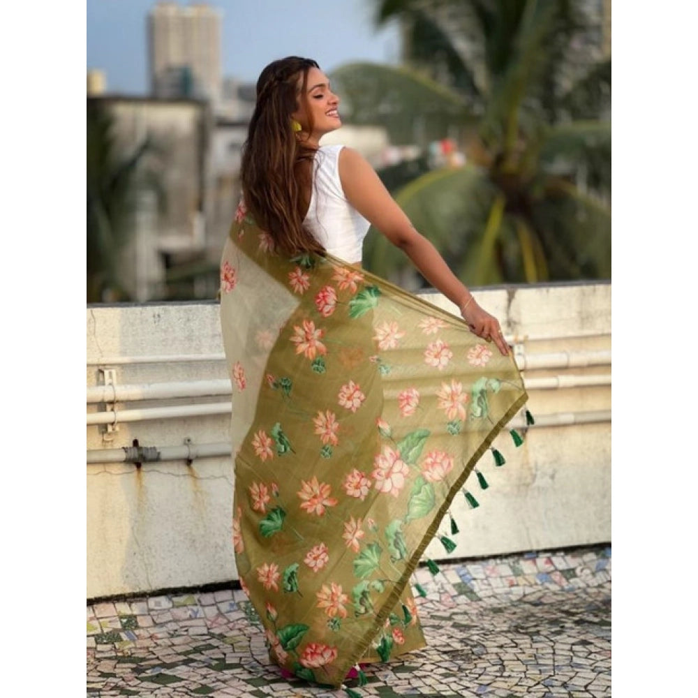 Women's Linen Printed Saree With Unstitched Blouse 5.5Mtr (Mahendi)