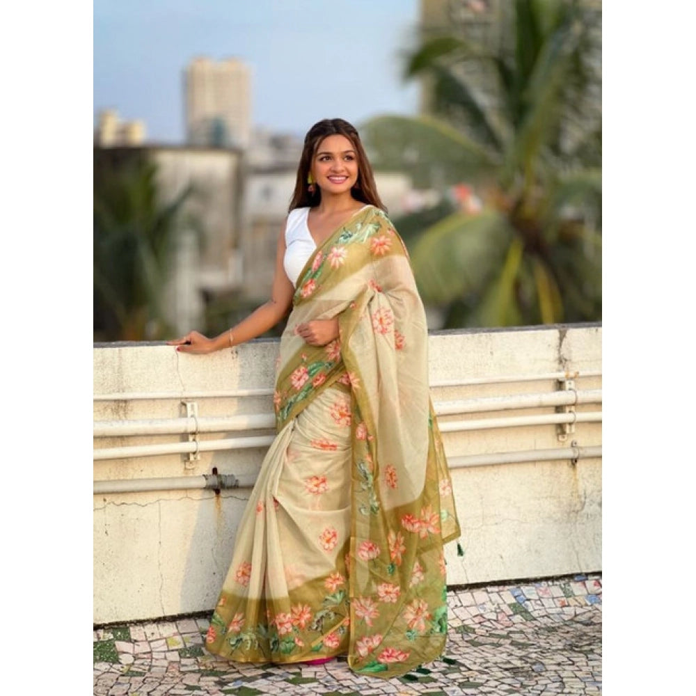 Women's Linen Printed Saree With Unstitched Blouse 5.5Mtr (Mahendi)