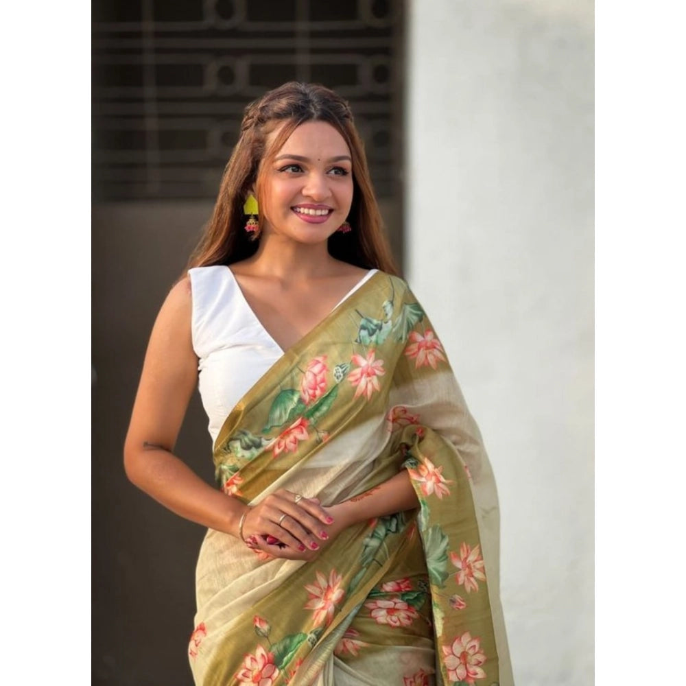 Women's Linen Printed Saree With Unstitched Blouse 5.5Mtr (Mahendi)