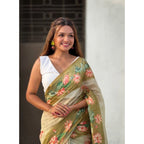 Women's Linen Printed Saree With Unstitched Blouse 5.5Mtr (Mahendi)