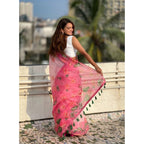 Women's Linen Printed Saree With Unstitched Blouse 5.5Mtr (Pink)