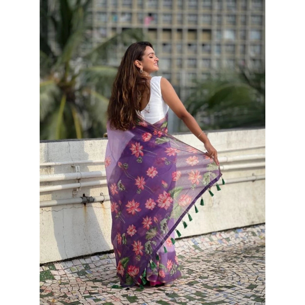Women's Linen Printed Saree With Unstitched Blouse 5.5Mtr (Purple)