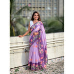Women's Linen Printed Saree With Unstitched Blouse 5.5Mtr (Purple)