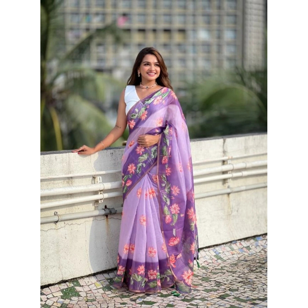 Women's Linen Printed Saree With Unstitched Blouse 5.5Mtr (Purple)